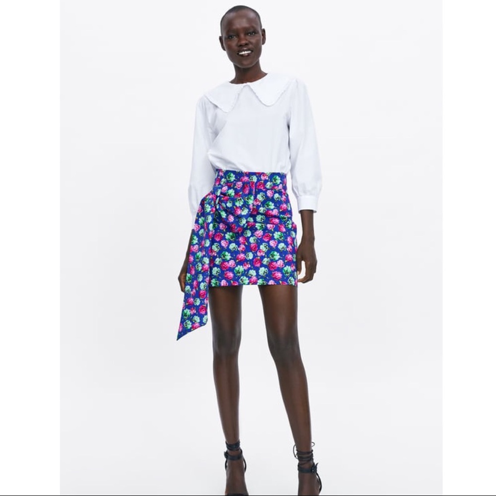 Zara Floral Mini Skirt in Blue with Pink & Green Flowers